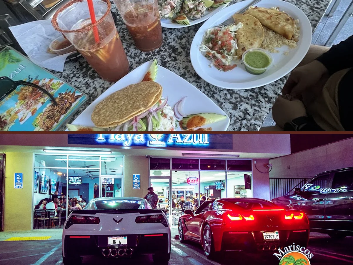 Plates of seafood and tacos on a casual table.