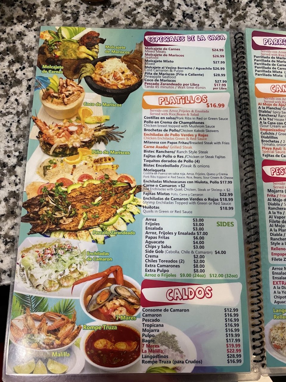 Menu page with tacos, drinks, and soups.
